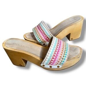 Veronica Beard *Flawed* Women's Woven‎ Clog Sandals Wooden Heel, Colorful Straps